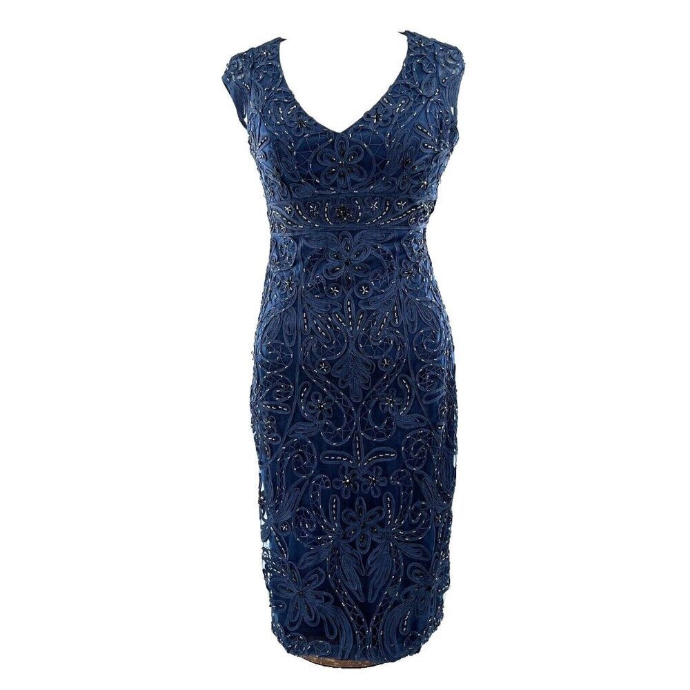 Sue Wong Nocturne Y2K Beaded Embroidered Evening Dress Size 2 Blue Bodycore